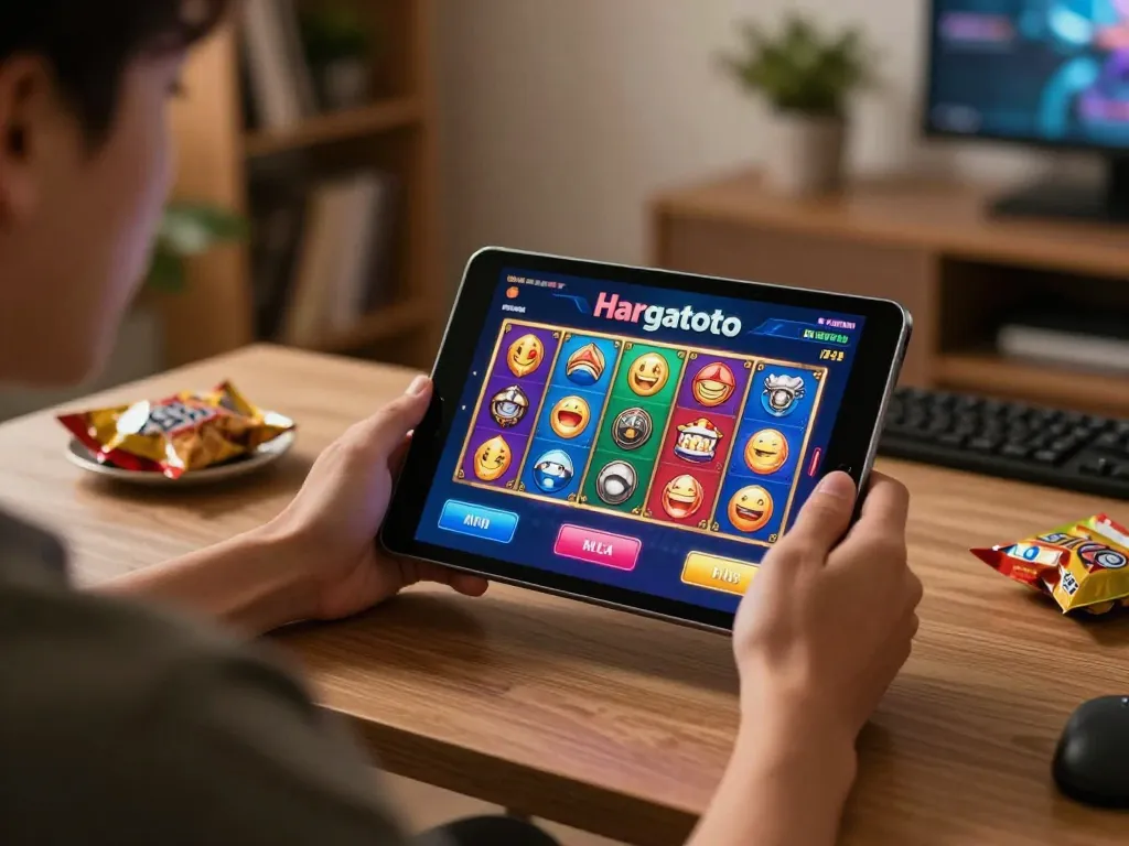 Engaging in exciting hargatoto slot gaming on tablet at home, showcasing vibrant interface and cozy atmosphere
