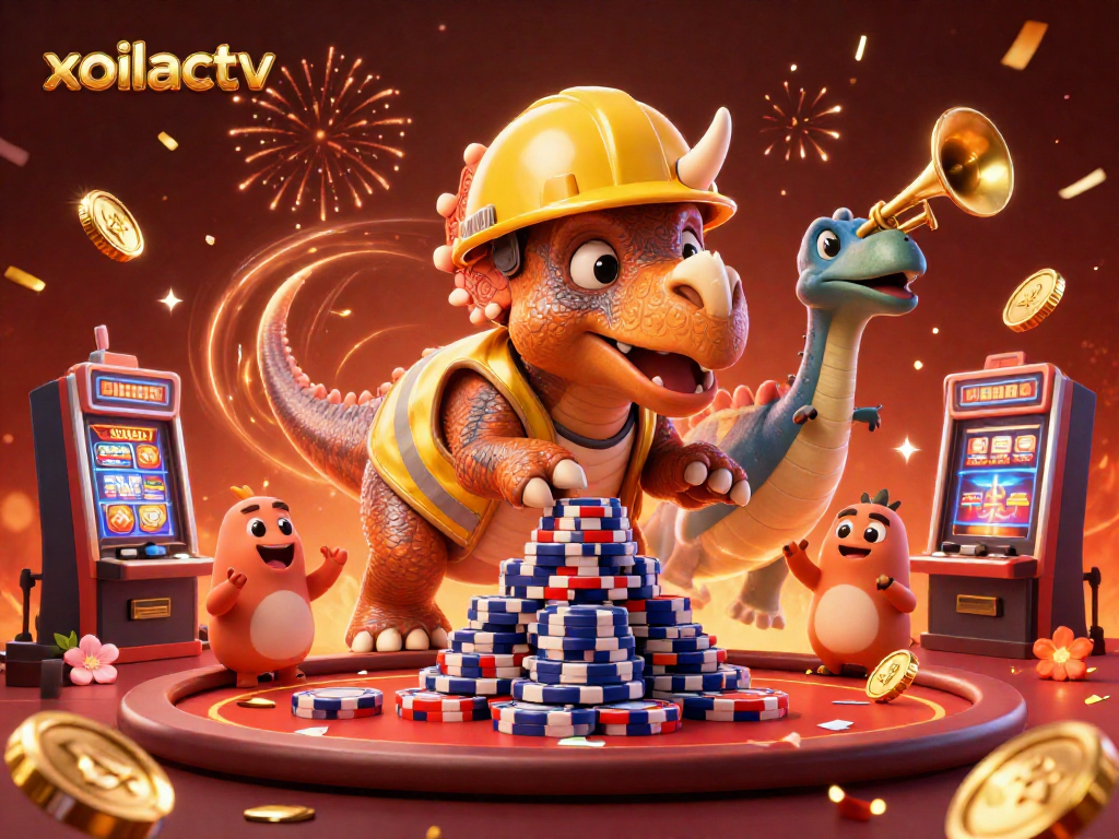 Experience excitement with xoilactv's energetic poker scene featuring a triceratops and dynamic casino elements.