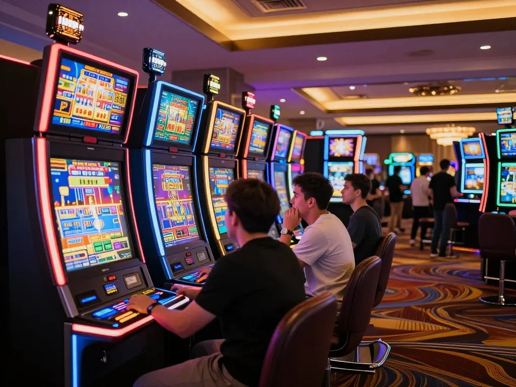 Engaged players at slot gacor machines, vibrant lights and dynamic action in a luxury casino.