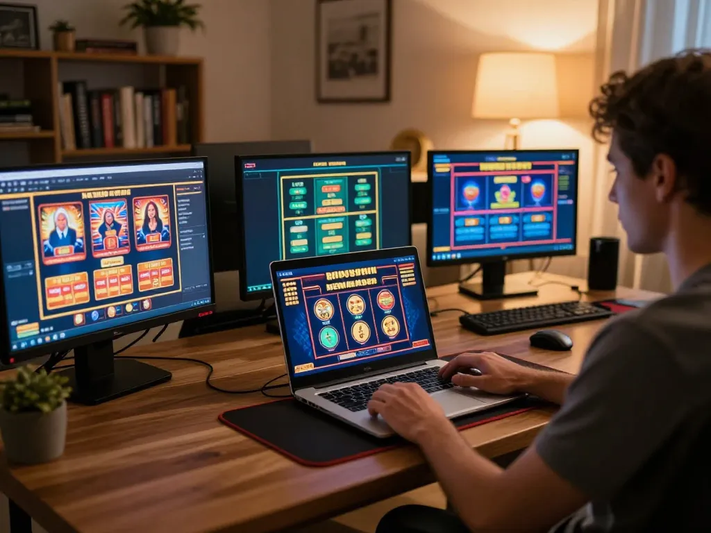Engaging online gambling scene showcasing a bonus new member offer with vibrant casino game interfaces in a cozy home setting.
