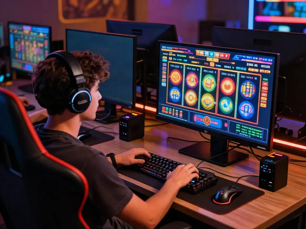 Pengalaman bermain slot777 online dengan antusiasme tinggi, pemain terlibat dengan antarmuka permainan.