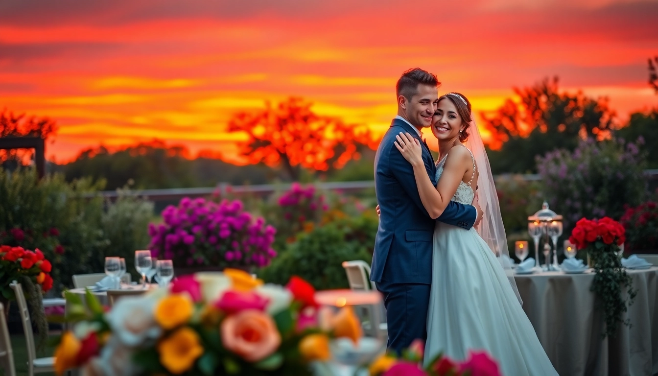 Capture a joyful moment in wedding photography, featuring a couple in a beautiful garden setting.