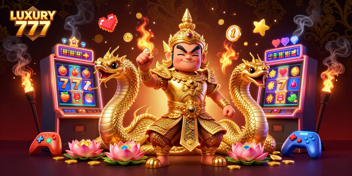 Rasakan keseruan LUXURY 777 dengan simbol slot, jackpot, dan penjaga kuil dalam ilustrasi kasino mewah.
