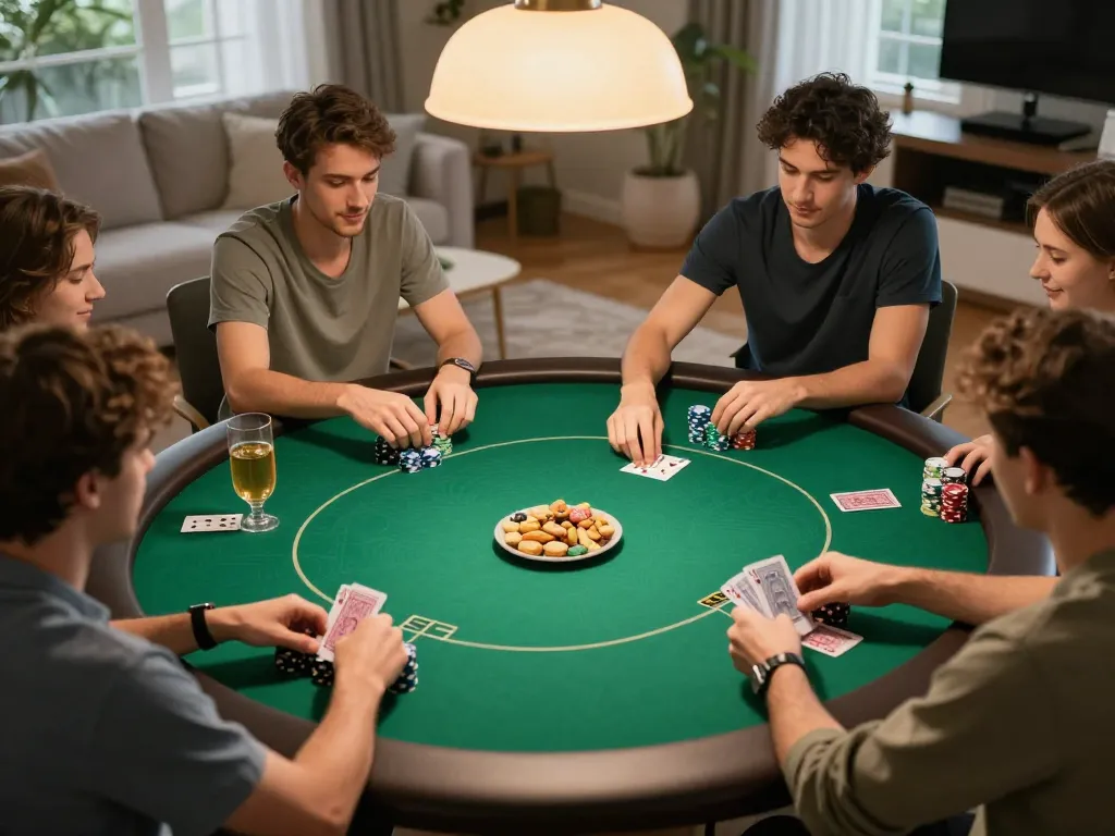 Players enjoying a friendly poker game at home, showing dynamic gameplay around a green felt table, TG88.