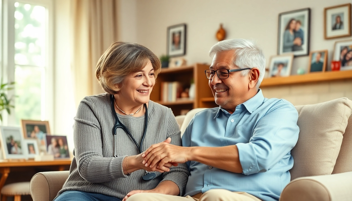Elderly in home care near me, caregiver attentively assisting an elderly man in a cozy home setting.