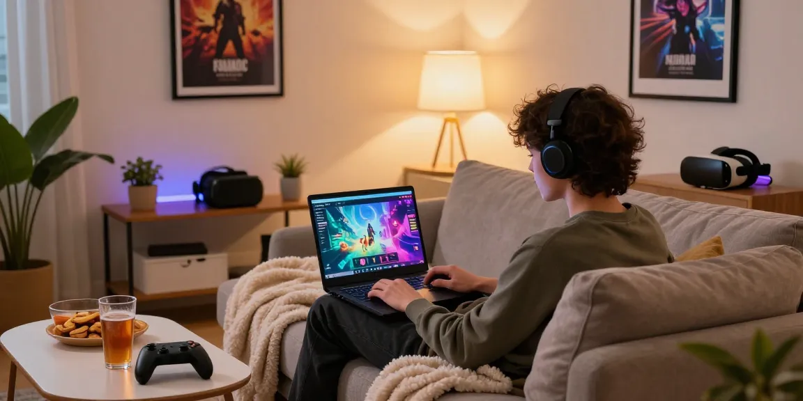 Cozy living room scene with a person engaged in exciting xxx games on laptop, showcasing adult gaming culture.