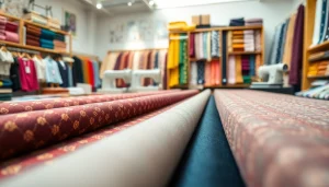 Punta di Roma stof in een kleurrijke stoffenwinkel met diverse patronen en texturen