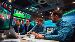 Engaged professionals reviewing sports betting sites India in a modern office setting.