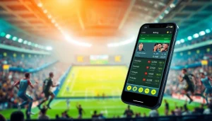 Engaging sports betting sites India smartphone interface with vibrant stadium backdrop and active sports events.