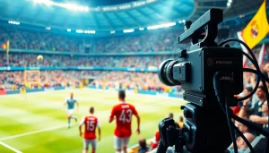 축구중계 경기 중계 장면, 열광적인 관중들이 응원하는 생생한 모습