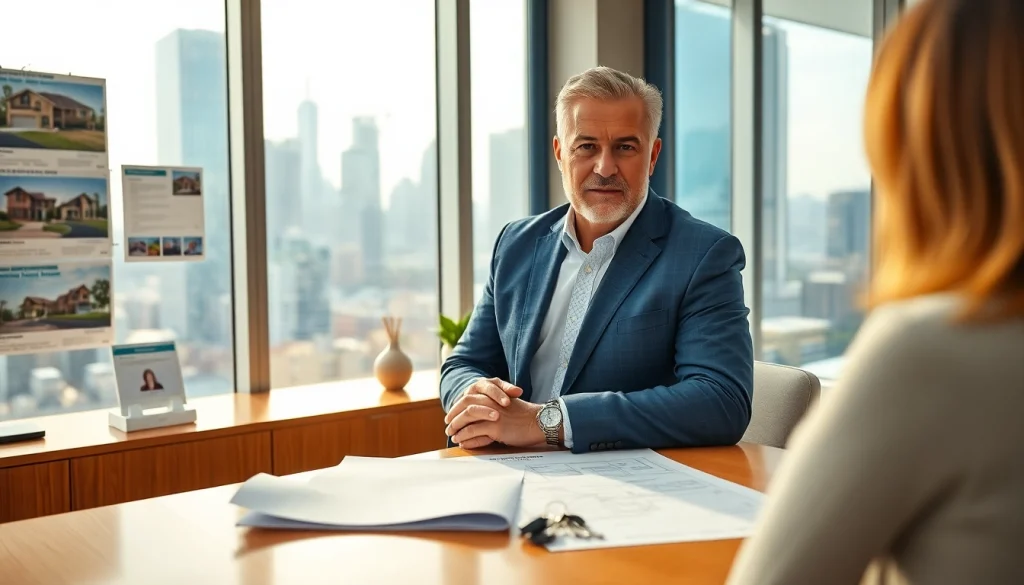 Engaging real estate agent showcasing properties in an elegant office environment.