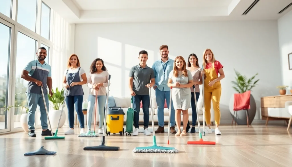 Efficient cleaning service team ensuring a spotless home with modern tools and sunny atmosphere.