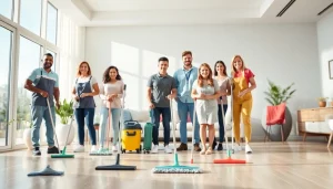 Efficient cleaning service team ensuring a spotless home with modern tools and sunny atmosphere.