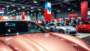 Engaging scene of Auto Cars Show with a sleek sports car, attendees admiring vehicles in a vibrant environment.