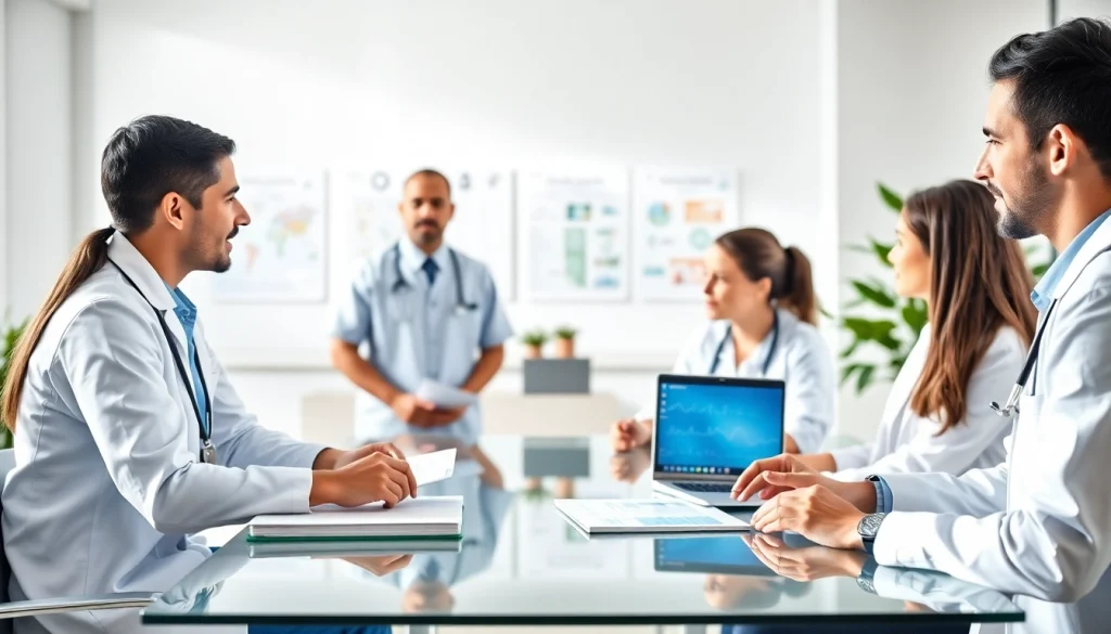 Healthcare professionals collaborating on Health solutions in a modern office setting.