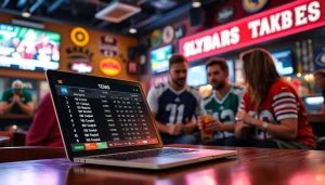Engaged friends discussing online sports betting Texas at a vibrant sports bar