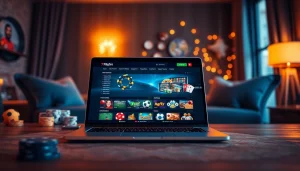 Online gambling platform interface on a laptop showcasing games at https://789ff.biz/ with rich blue and gold accents.