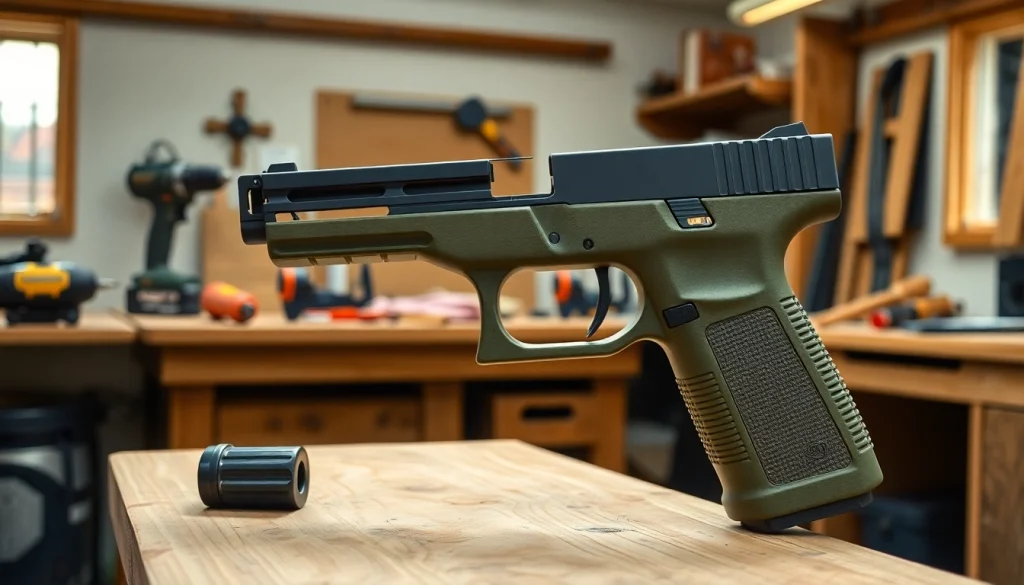 Showcasing the glock 19 pf940c frame on a workbench in a well-lit workshop, emphasizing craftsmanship.