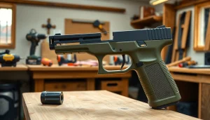 Showcasing the glock 19 pf940c frame on a workbench in a well-lit workshop, emphasizing craftsmanship.