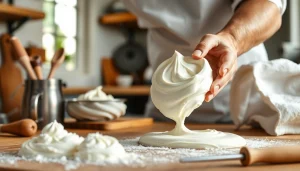 Mousseline cream being prepared by a chef in a cozy kitchen setting.