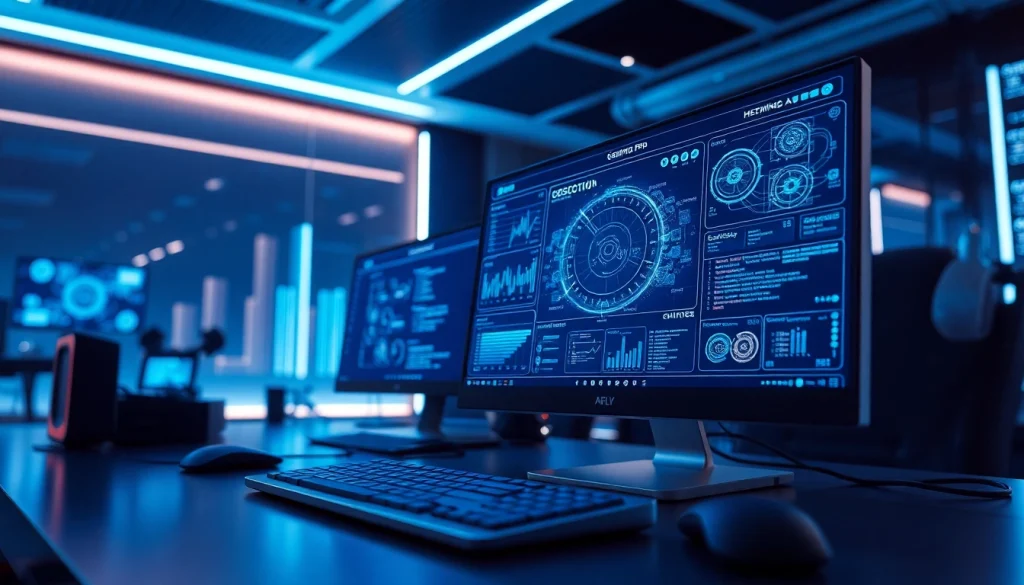 Showcase of Gemini 3 Pro in a modern tech workspace with AI analytics and digital interfaces.