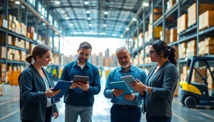 Logistics team managing supply chain operations in a bright, modern warehouse setting.
