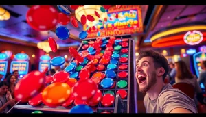 Bermain slot plinko dengan banyak chip berwarna-warni jatuh di papan.