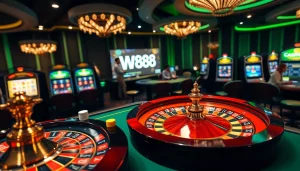 Dynamic casino scene featuring the W88 link with vibrant poker chips and roulette wheel.
