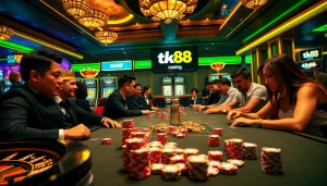 Player excitement at tk88's poker table amidst vibrant casino lights and colorful chips.
