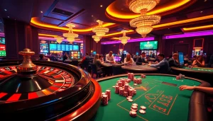 Experience the thrill of gaming at NH88, featuring vibrant casino tables with poker chips and roulette wheels.