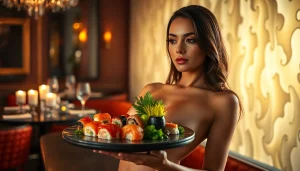 Body sushi experience featuring an elegant model with a beautifully arranged sushi platter in an upscale nightlife setting.