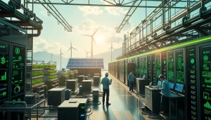 Futuristic mining facility illustrating bitcoin cloud mining powered by renewable energy.