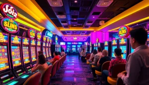 Engaging scene of HOKI138 Pro online gaming with vibrant slot machines and excited players.