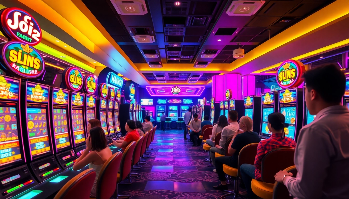 Engaging scene of HOKI138 Pro online gaming with vibrant slot machines and excited players.