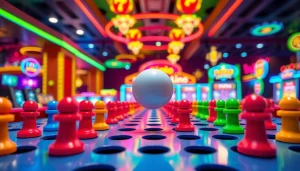 Permainan situs plinko yang menarik dengan bola jatuh di papan peg, penuh warna dan kegembiraan.