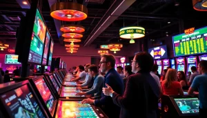 Engaging scene of online sports betting Canada highlighting excitement in a bustling casino atmosphere.