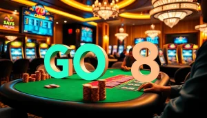 Action-packed casino scene with GO8 branding, poker chips, and gambling tables.