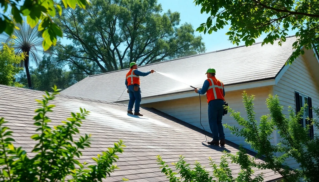 Roof cleaning in progress by professionals, showcasing eco-friendly methods.