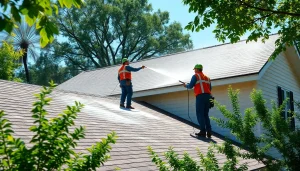 Roof cleaning in progress by professionals, showcasing eco-friendly methods.