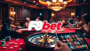 Join the excitement at F8bet with engaging casino games featuring poker chips, roulette, and more.
