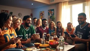 Engaged friends participating in online sports betting Alabama at a cozy gathering.