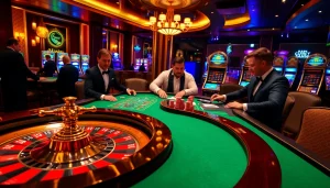 Gamble and win big at https://ok8386a.com/ in a lively casino scene with poker chips and roulette.
