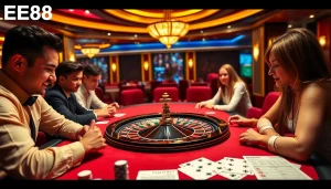Players at EE88 enjoy a thrilling poker game in an upscale casino setting.