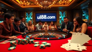 Experience thrilling bets with uu88 com at an elegant roulette table filled with excited gamblers.