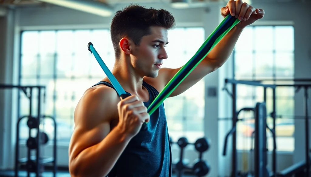 Stretch bands for pull-ups being used by a fit individual in a vibrant gym setting.