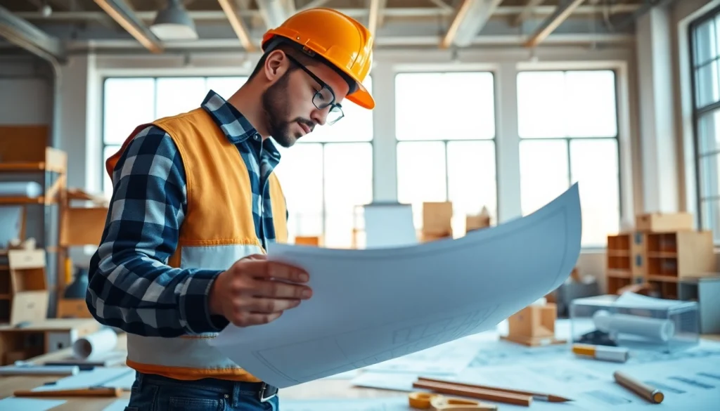 Manhattan General Contractor reviewing plans in a bright office with architectural models.