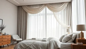 Verduisterende gordijnen in een stijlvolle slaapkamer creëren een ontspannen sfeer.