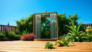 Enjoying the refreshing sunny shower USA outdoors surrounded by lush greenery and beautiful designs.