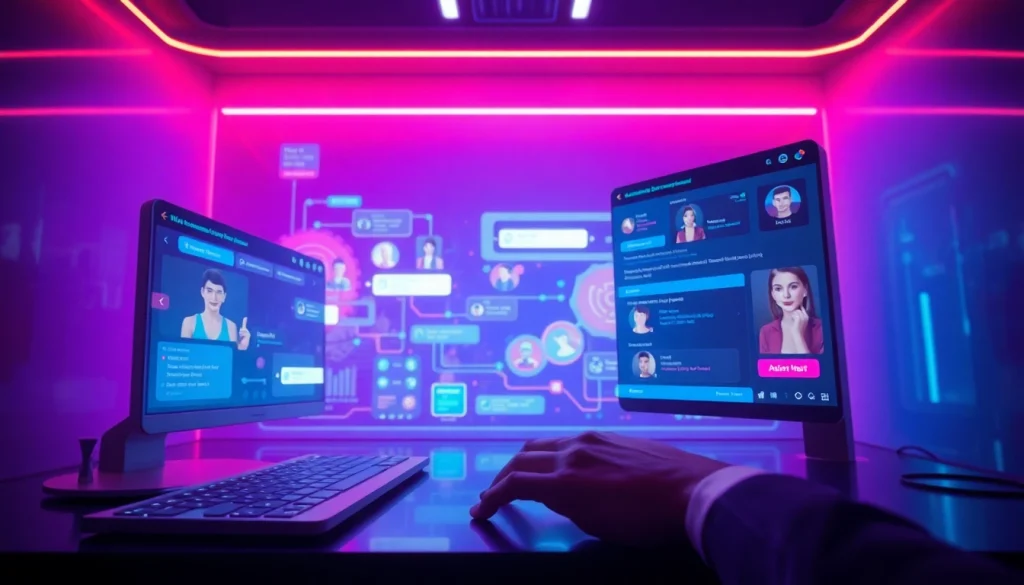 Engaging NSFW AI interface showcasing futuristic chat and character interactions.