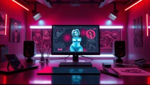 Engaging AI NSFW art creation in a modern workspace, showcasing advanced technology.